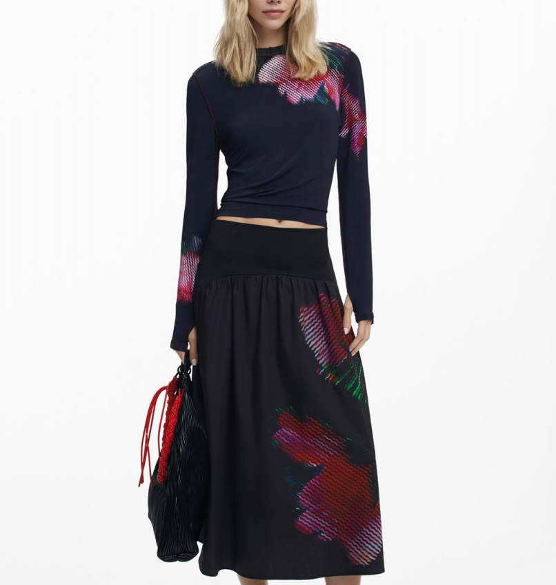 Black Floral Wave-Print Top & Midi Skirt Co-ord 產品圖