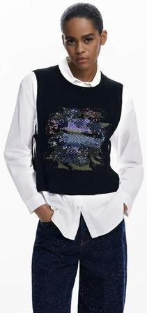 Desigual Black Sequin Floral Knit Vest 產品圖
